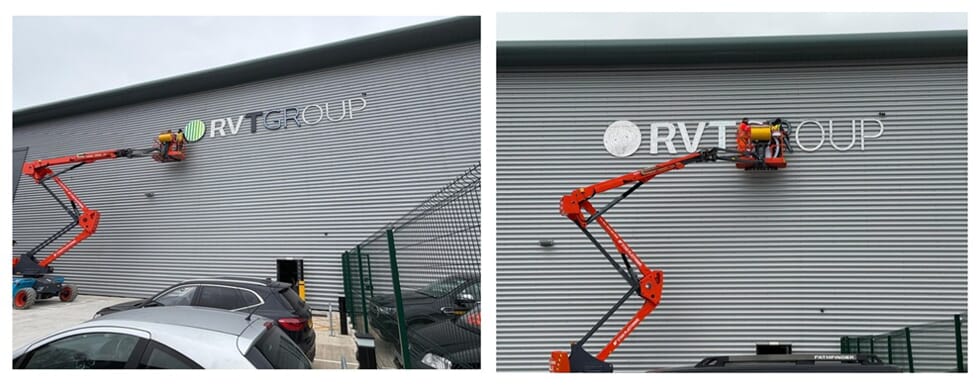 A collage of the installation of the RVT Group exterior signage.